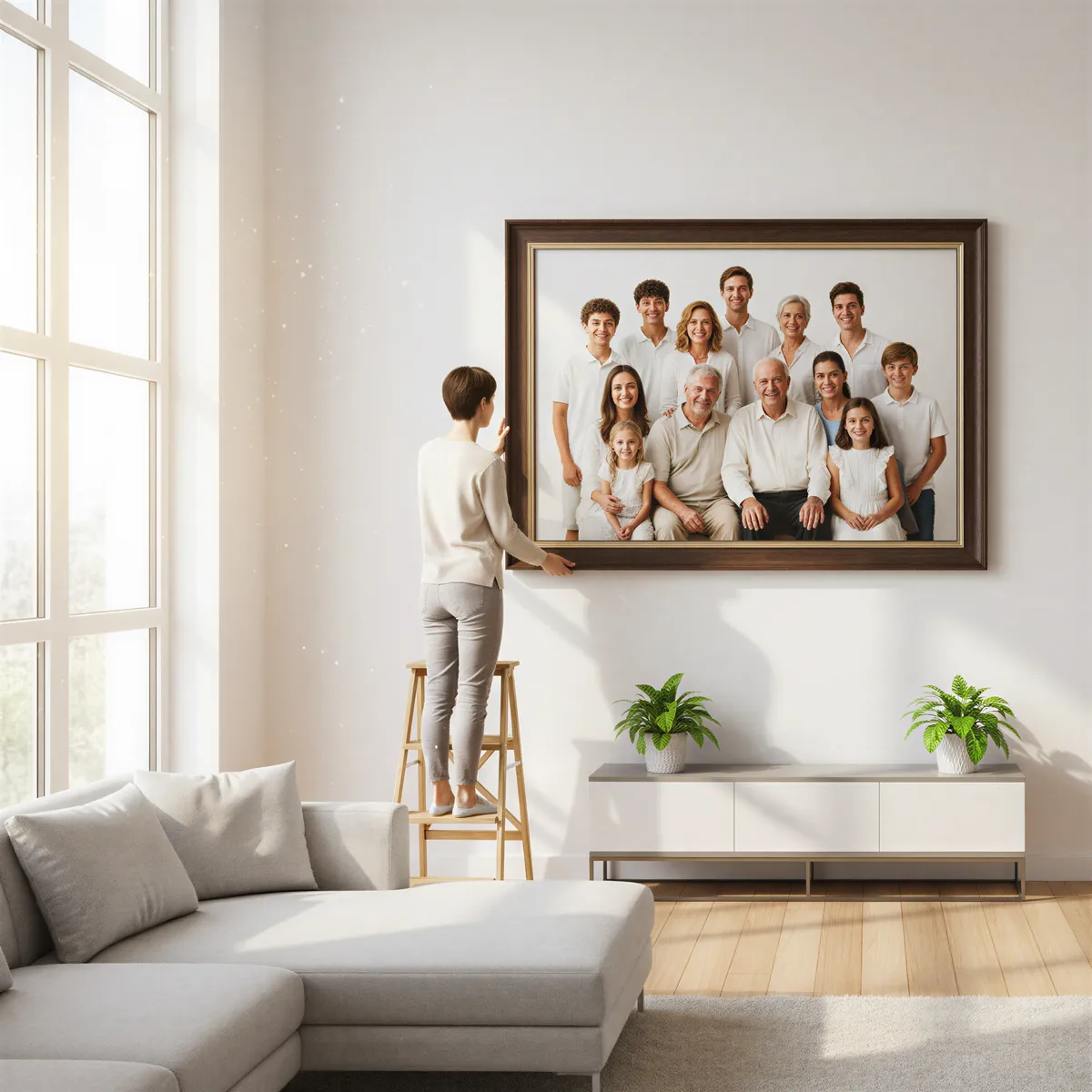 Hyper realistic, photo-realistic style with sharp focus and detailed lighting. A bright, modern living room interior setting. A person (unspecified gender, focused on action) is carefully hanging a large, high-quality framed multi-generational legacy portrait onto a clean white wall. The portrait itself is the focal point. Bright, optimistic lighting, suggesting the portrait is now a cherished part of the home.