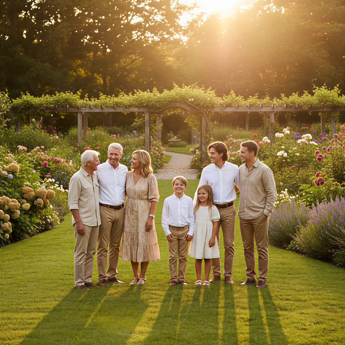 A warm, vibrant multi-generational family portrait taken outdoors on a manicured lawn or garden setting. Everyone is dressed casually but nicely, sharing genuine, relaxed smiles. Intense, beautiful golden afternoon light illuminates the scene, creating lens flare effects. Natural, joyful mood.