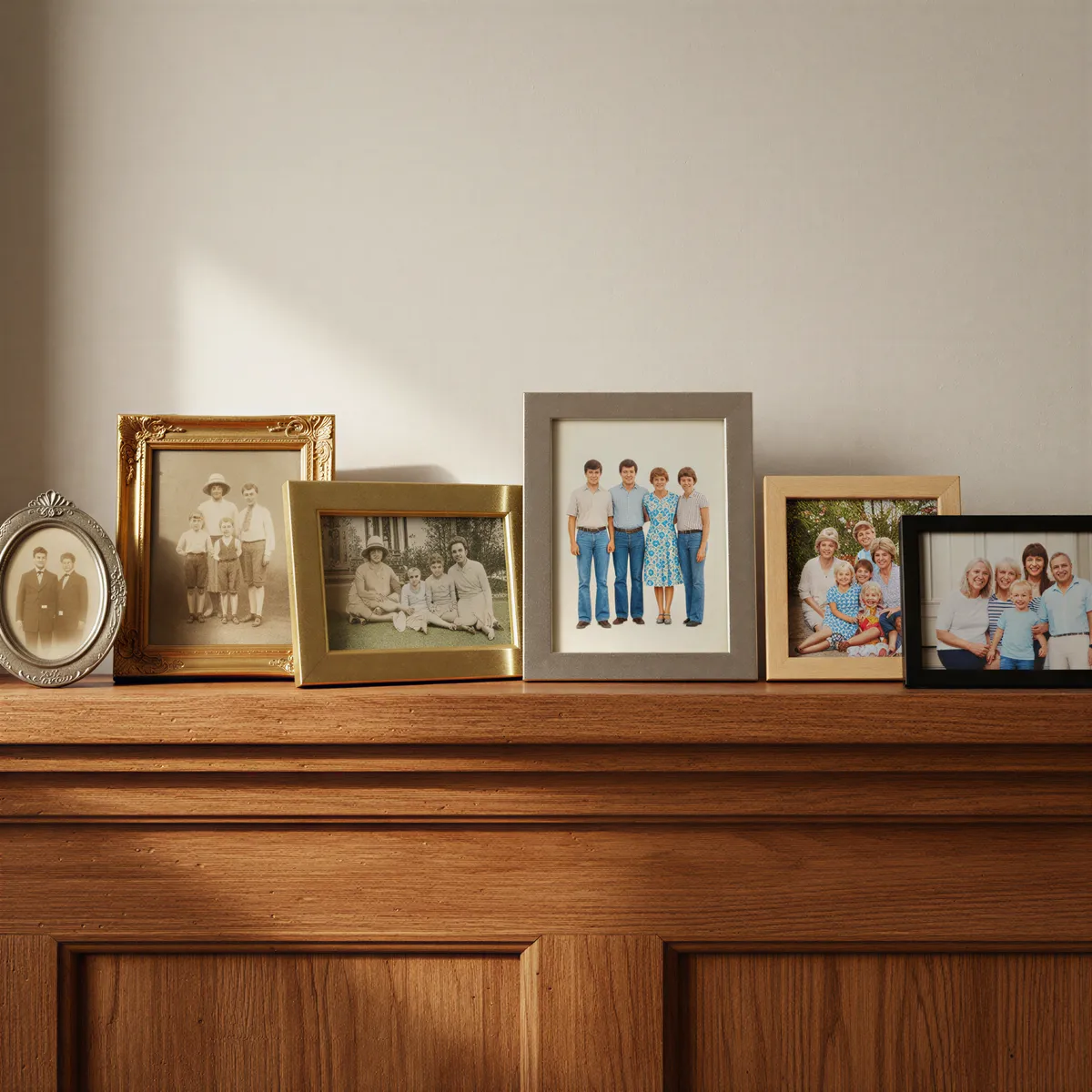 A visual timeline graphic displaying framed photos of ancestors, symbolizing historical documentation and visual family history.