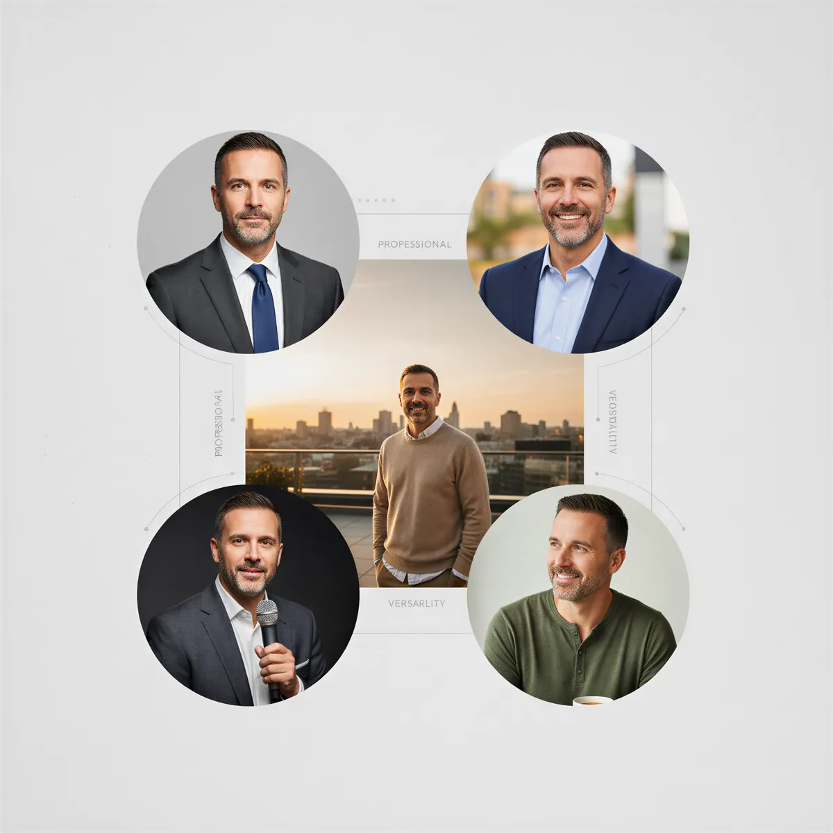 Five distinct professional headshots arranged in a collage showcasing the core set: primary, alternative, landscape, action, and casual.