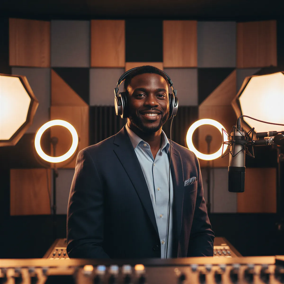 Professional podcast host portrait with headphones, confident expression, acoustic panels in the background, emphasizing authority.