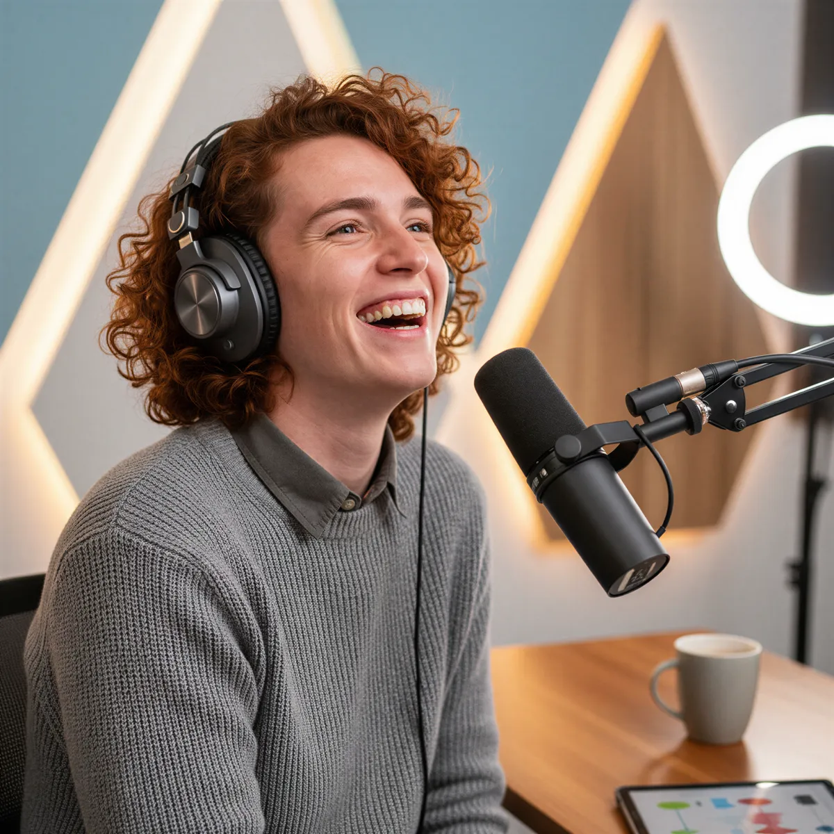 A podcast host laughing genuinely while wearing headphones, suggesting a comedy or light-hearted show tone, highly professional photo.