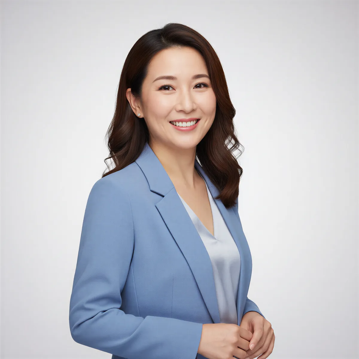 Approachably smiling professional in a versatile headshot with a soft, neutral grey background, perfect for varied media interviews.
