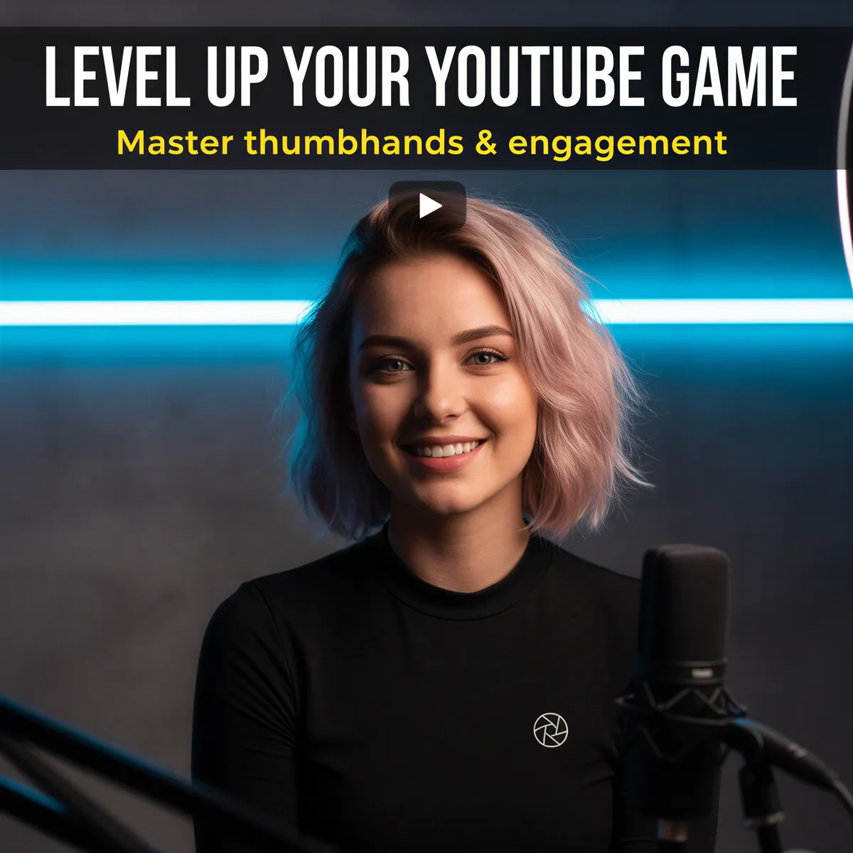 Dynamic content creator portrait with direct eye contact, optimized for small thumbnail size, modern minimalist background.