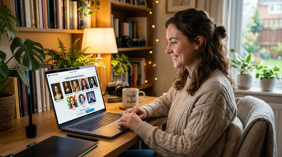 AI portrait workflow showing private selfie uploads and generation