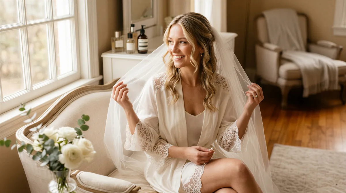 Bridal boudoir style portrait with robe and veil