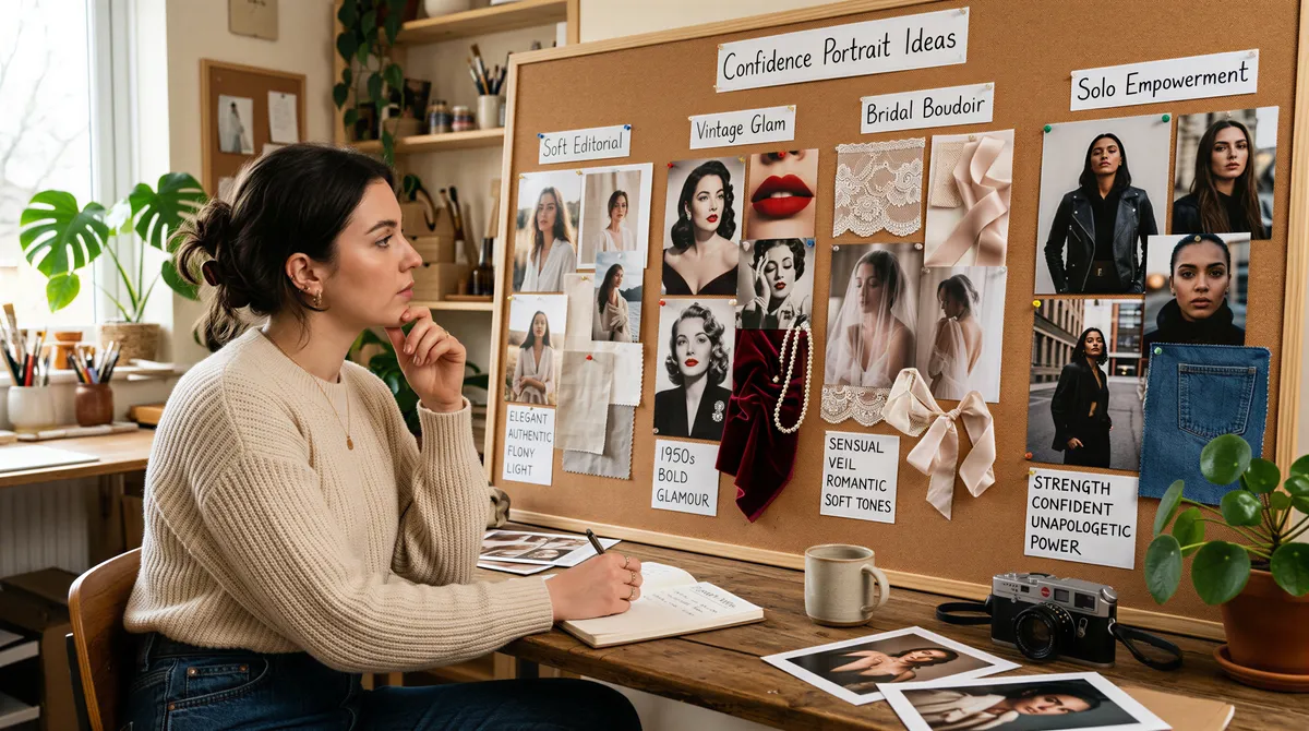 Moodboard-style scene with multiple portrait ideas for confidence portraits