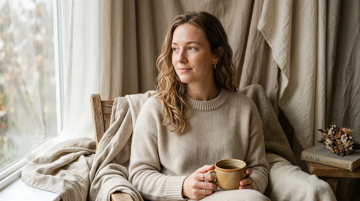 Soft editorial portrait session with natural light and draped fabrics