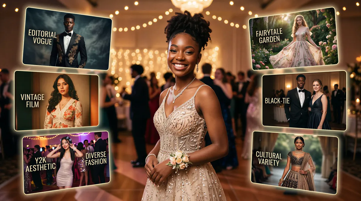 AI-assisted prom portrait concept showing multiple aesthetics around a teen
