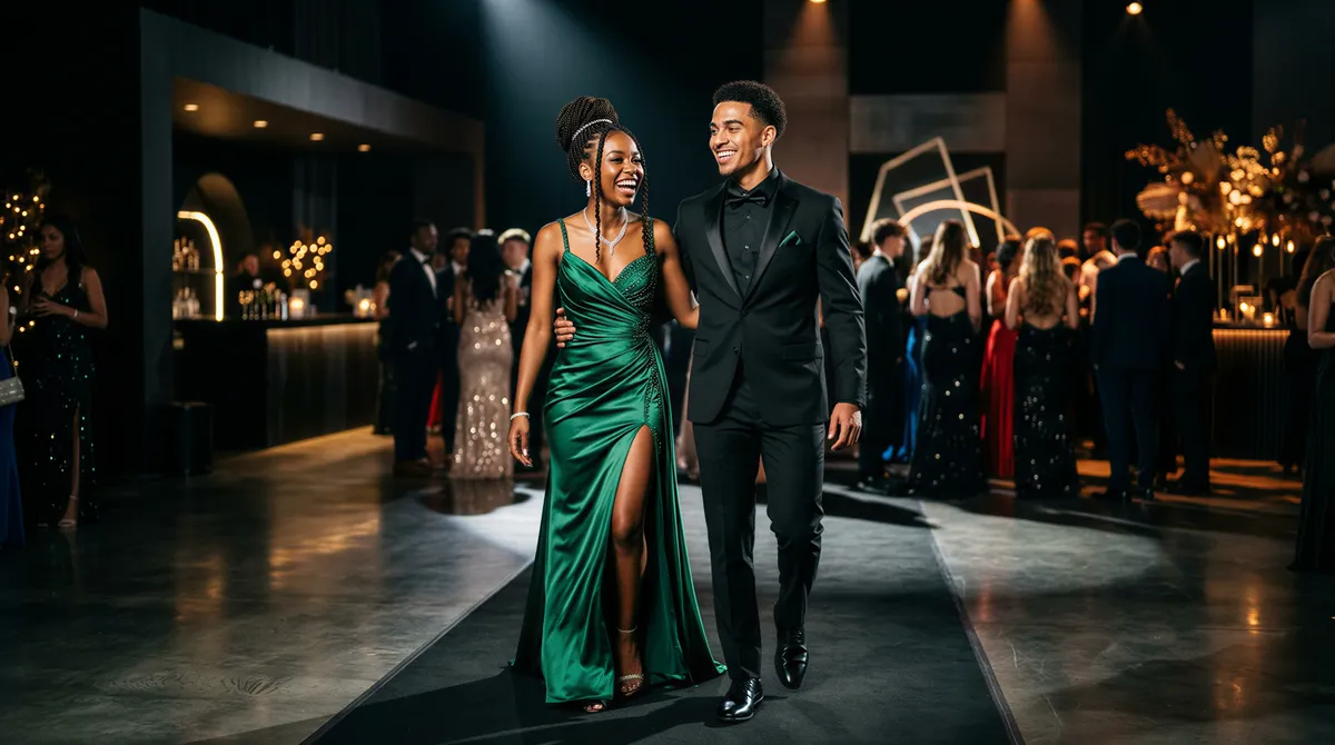 Black-tie editorial prom portrait with dramatic lighting