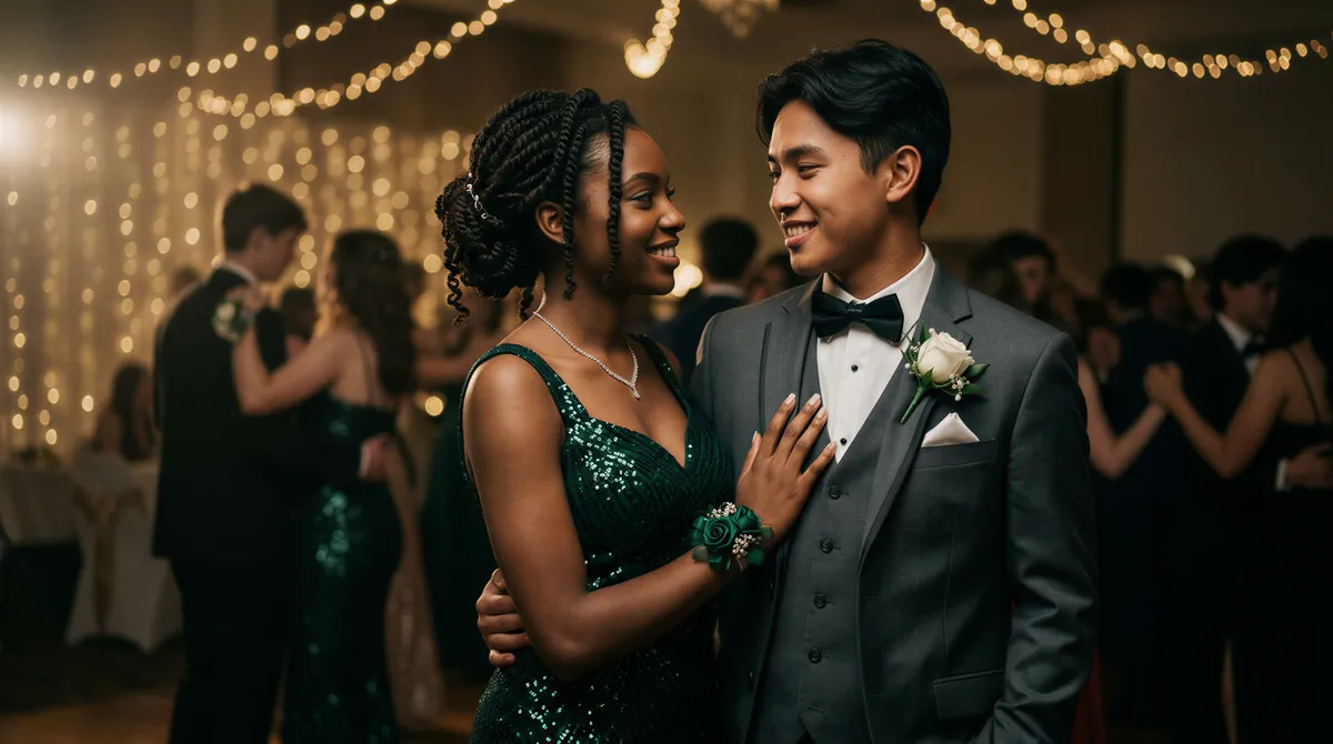 Dramatic couple prom portrait with studio lighting