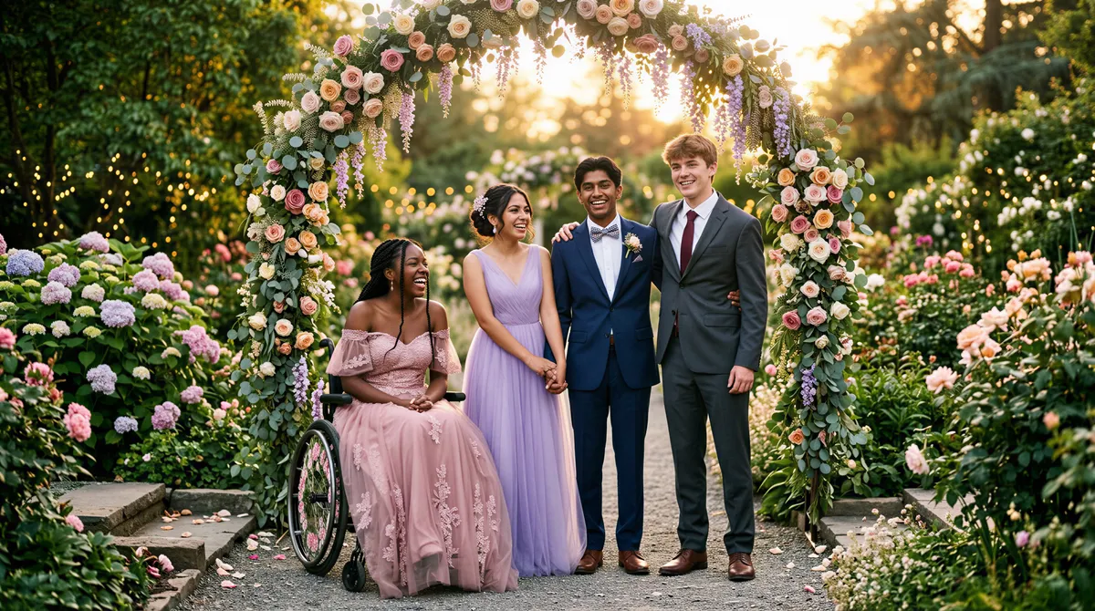 Prom portrait in a dreamy fairytale garden backdrop