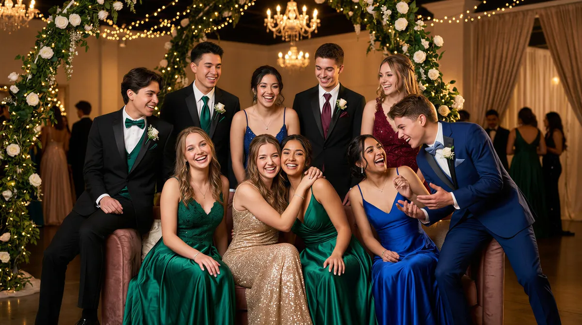 Prom squad photo with friends in coordinated outfits
