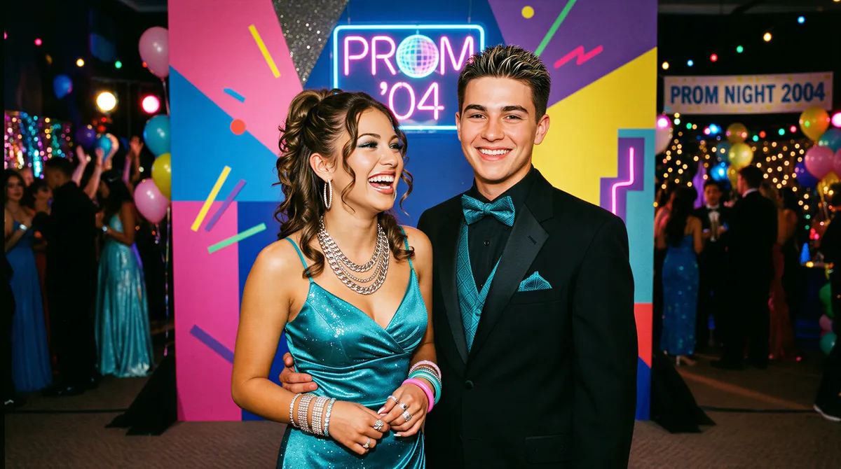 Y2K throwback prom portrait with bright colors and era vibe