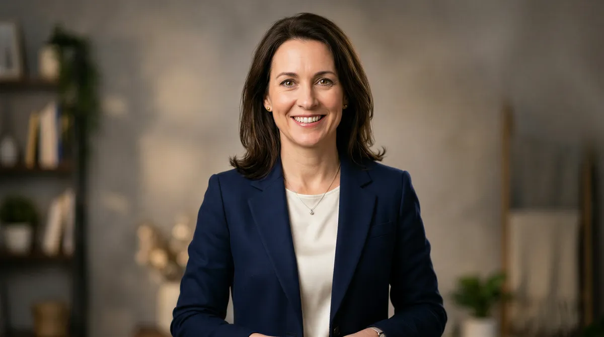 Headshot studio setup showing a professional in navy blazer with neutral background