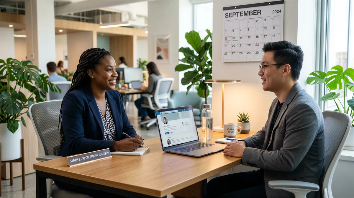 Recruiter and job-seeker discuss September hiring window in a modern office