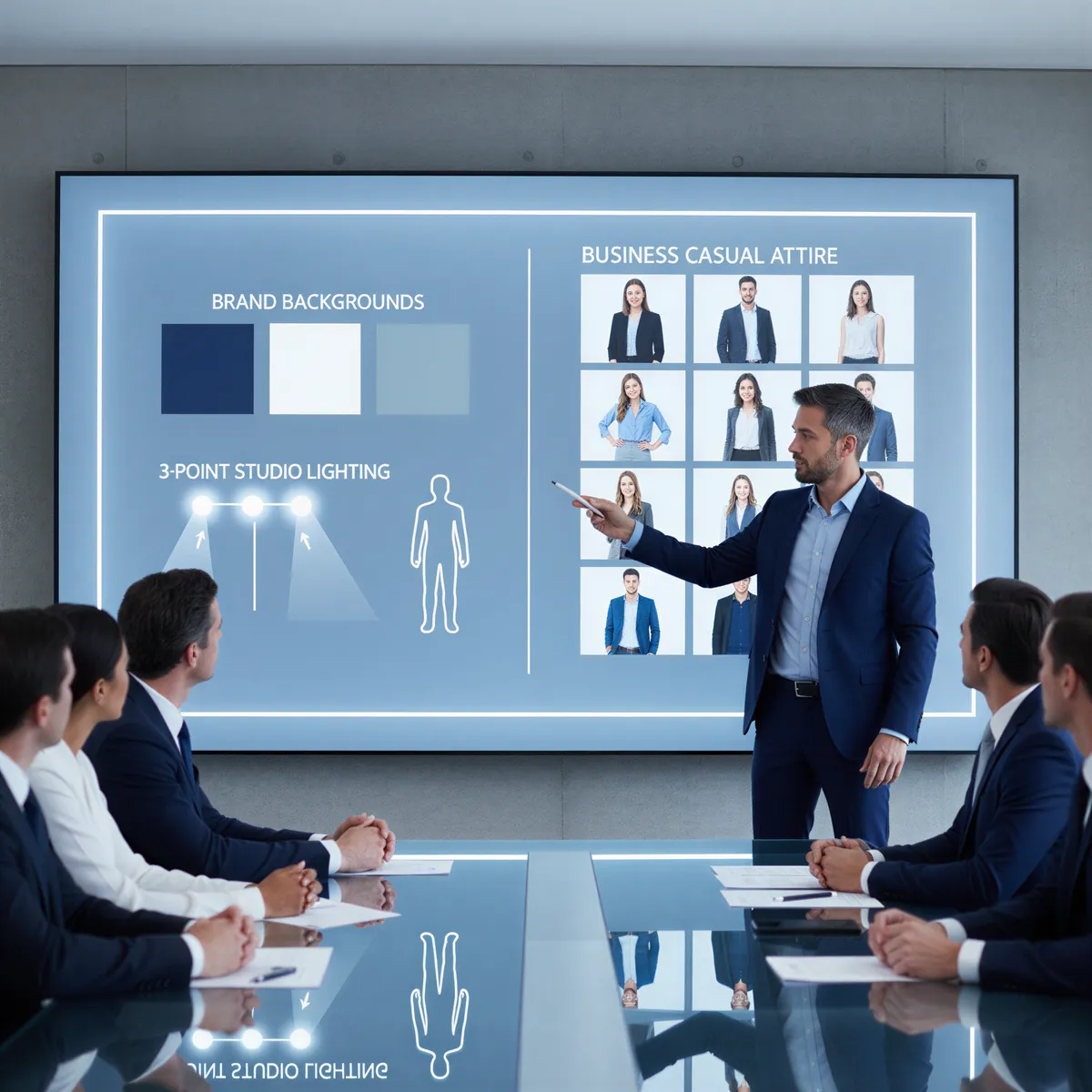 A designer presenting a style guide slide showing samples of ideal background colors, lighting diagrams, and professional attire examples.