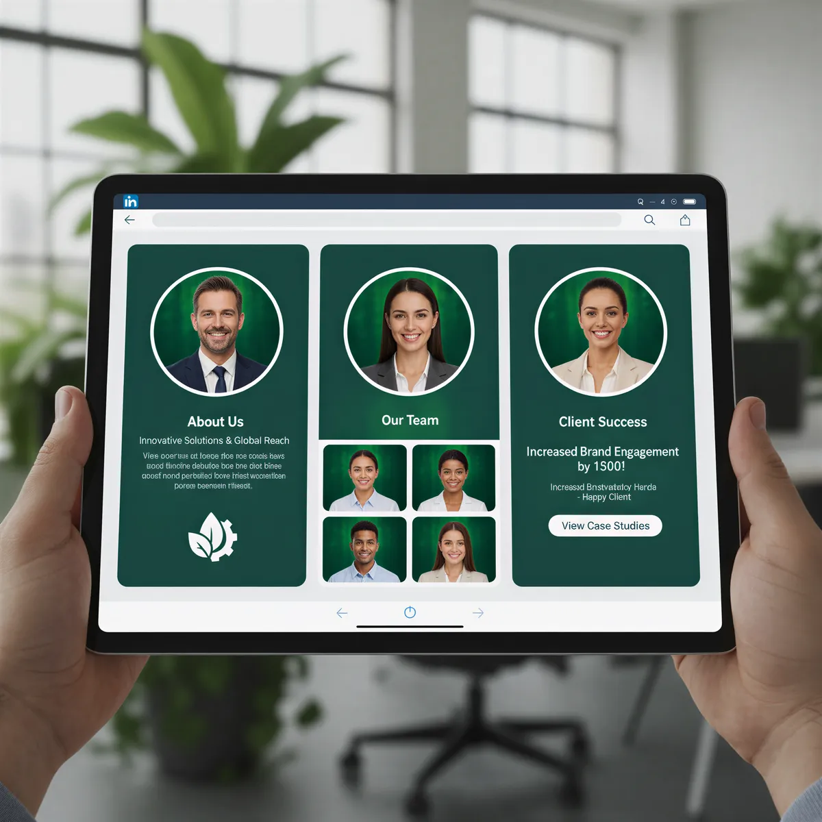 Three side-by-side LinkedIn profile mockups showing consistent headshots that enhance the perceived professionalism of the team members.