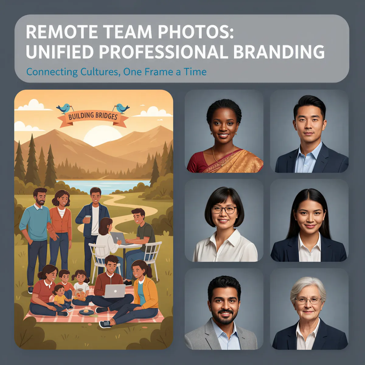 A visually unified grid of diverse professional remote team headshots with consistent lighting and matching background for strong branding.