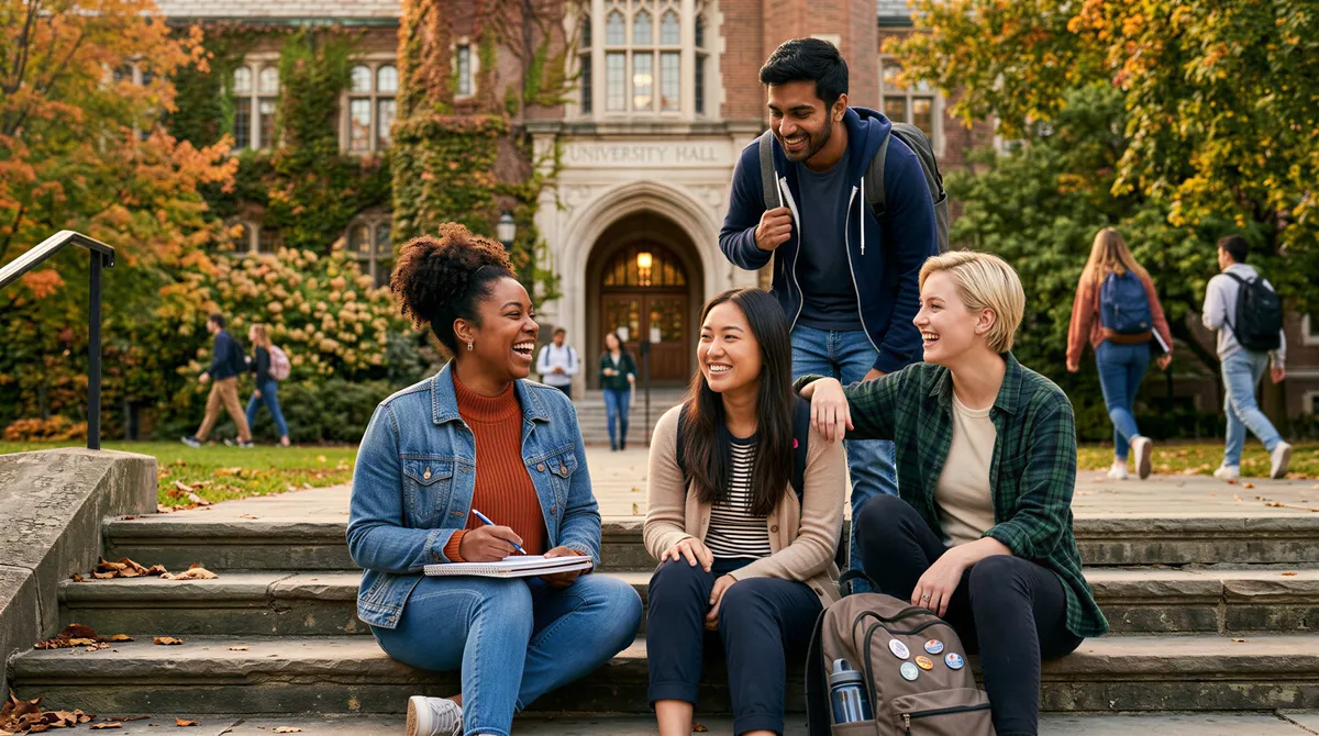 Friend group composite portrait; coordinated outfits