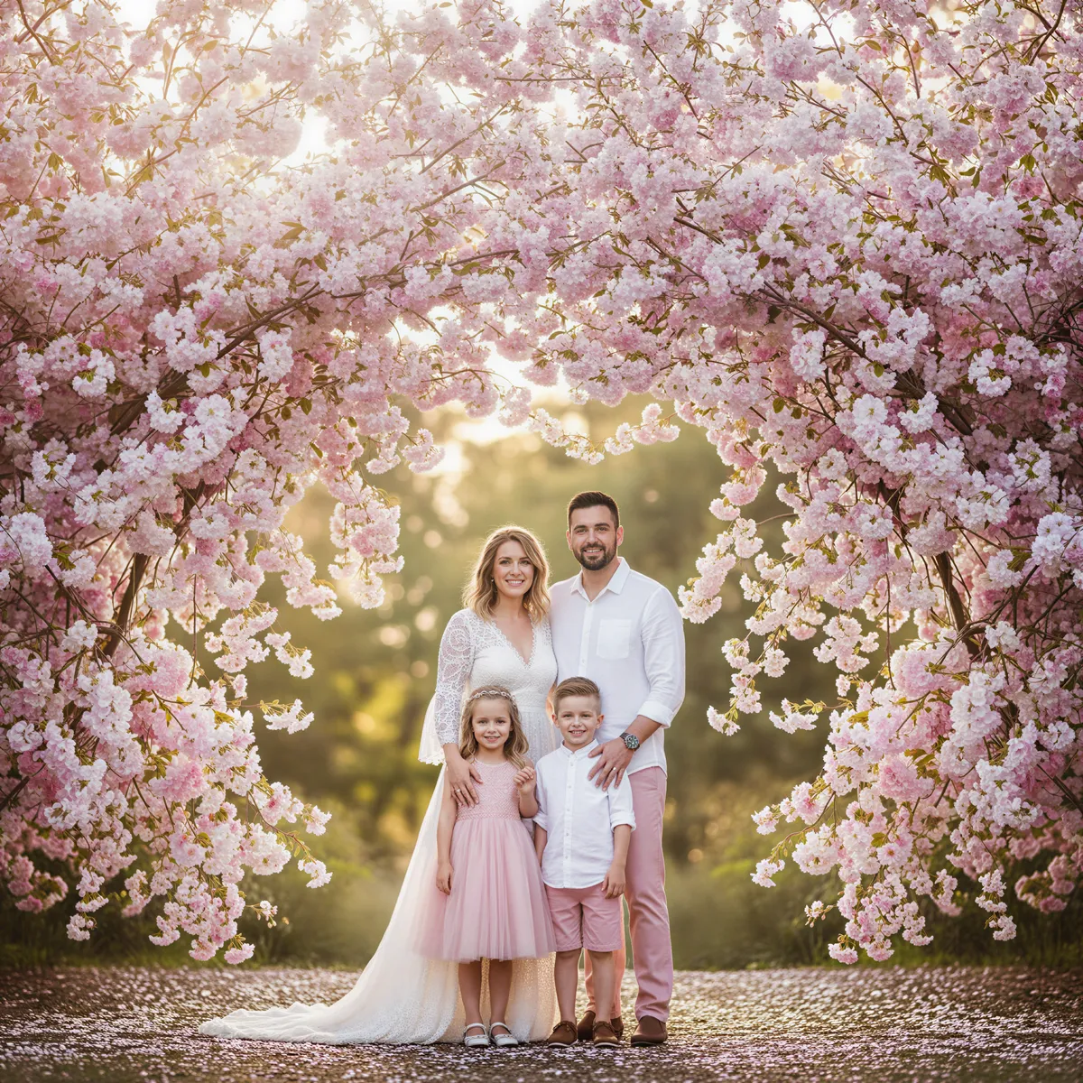 Family portrait nestled among dense, blooming cherry blossom trees creating a dreamy, romantic pink and white atmosphere.