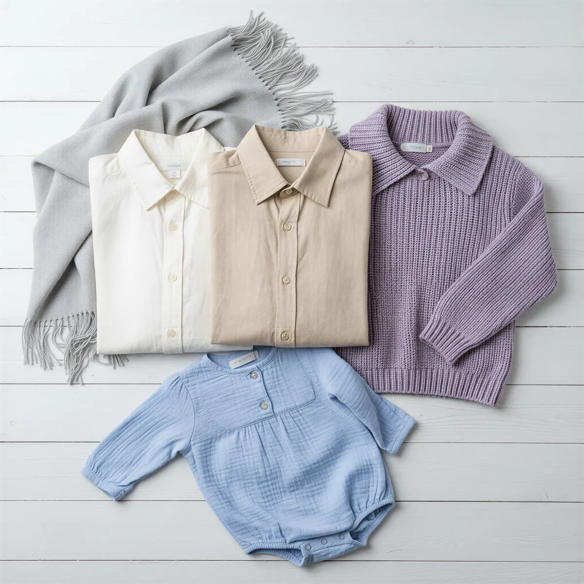 Flat lay photography showcasing ideal spring portrait clothing: linen fabrics, pastel colors, and light neutrals laid out on white wood.