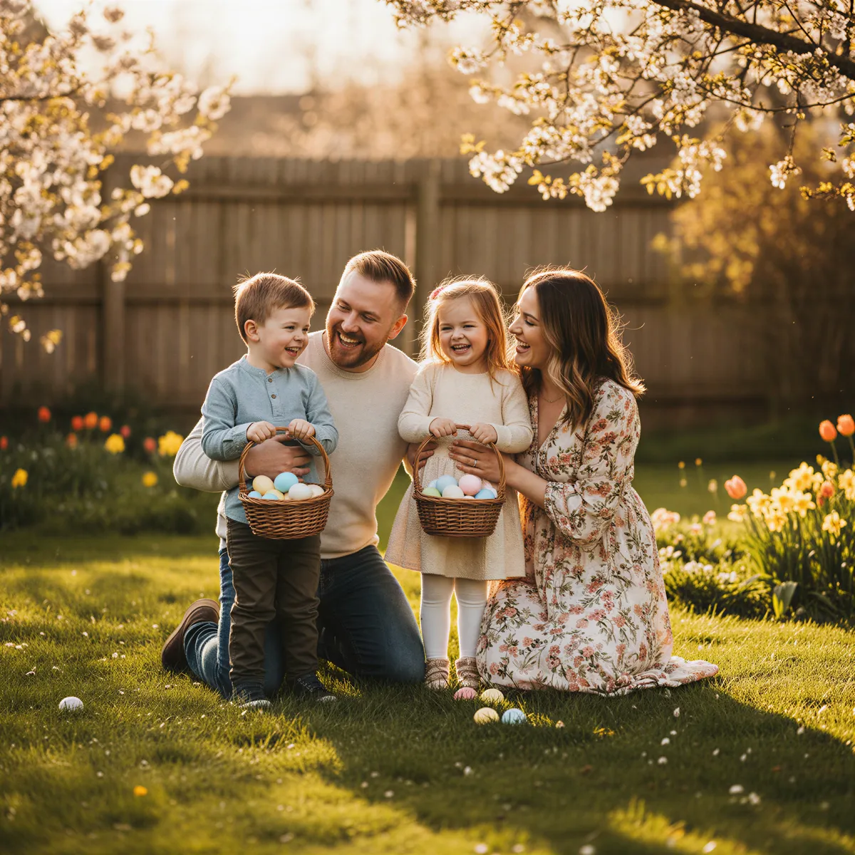 Joyful Easter family portrait with children holding small wicker baskets, dressed in bright spring pastels, warm holiday feel.