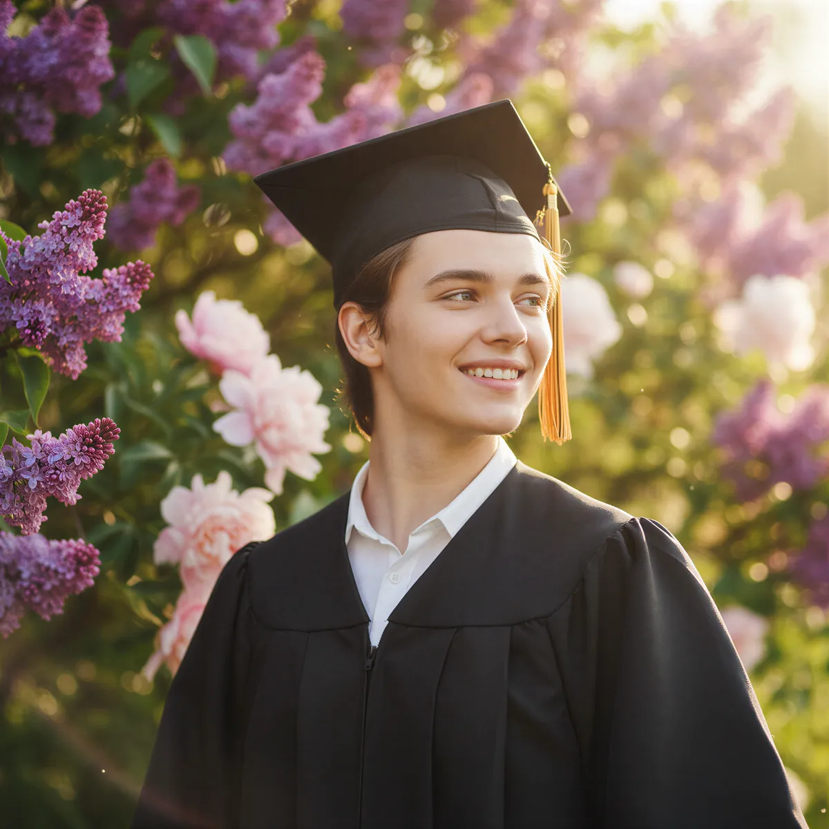 Teenage graduate posing proudly in cap and gown against a backdrop of blooming spring flowers, symbolizing accomplishment.
