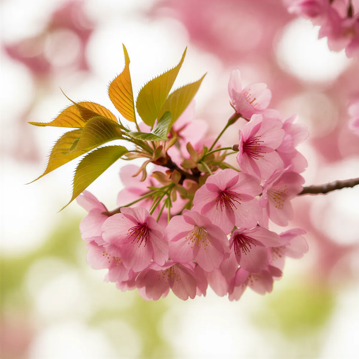 Close-up, hyper-detailed photo of vibrant pink cherry blossoms and fresh green leaves under bright natural light, symbolizing spring.