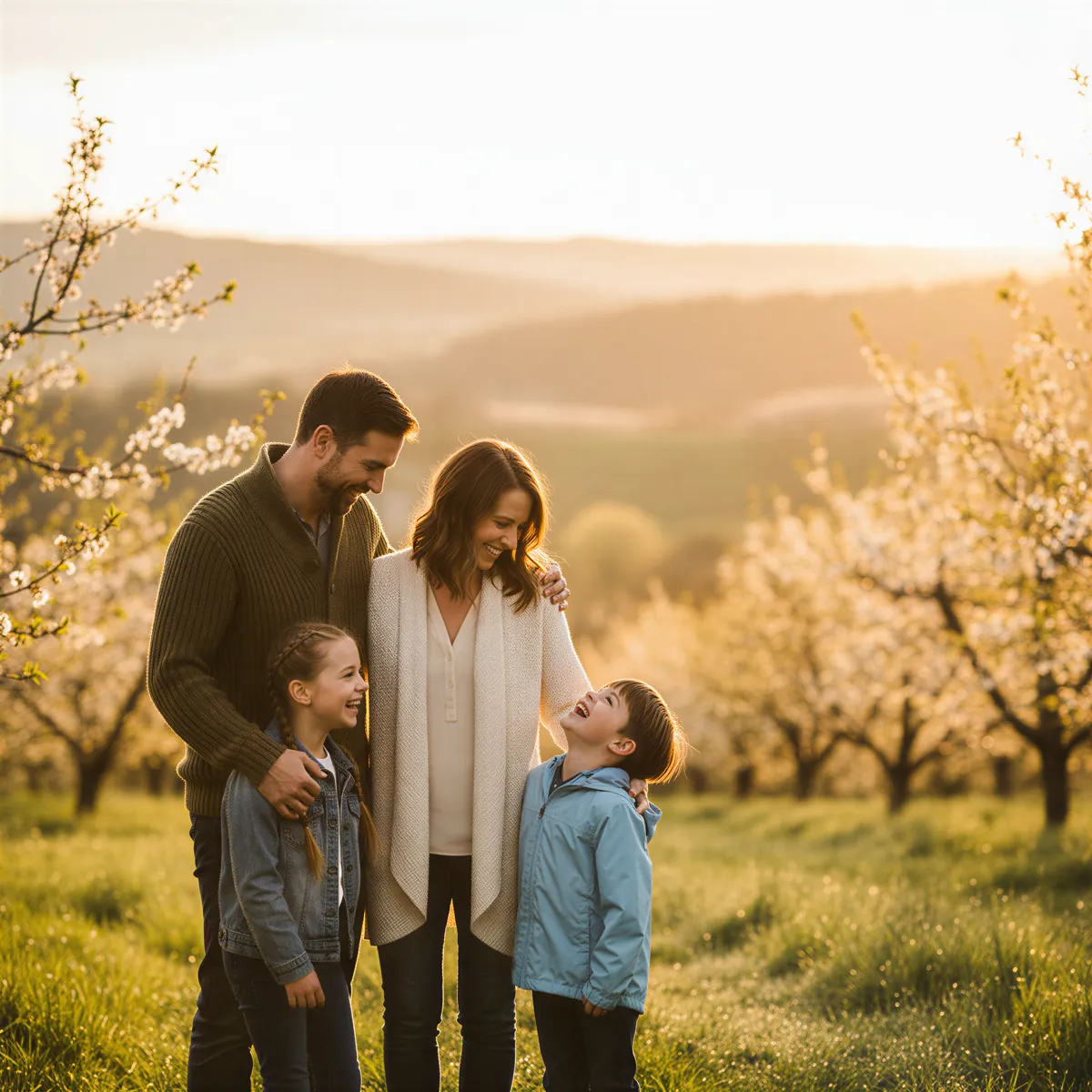 Family enjoying mild weather outdoors during a golden hour light, perfect for photography before summer heat.