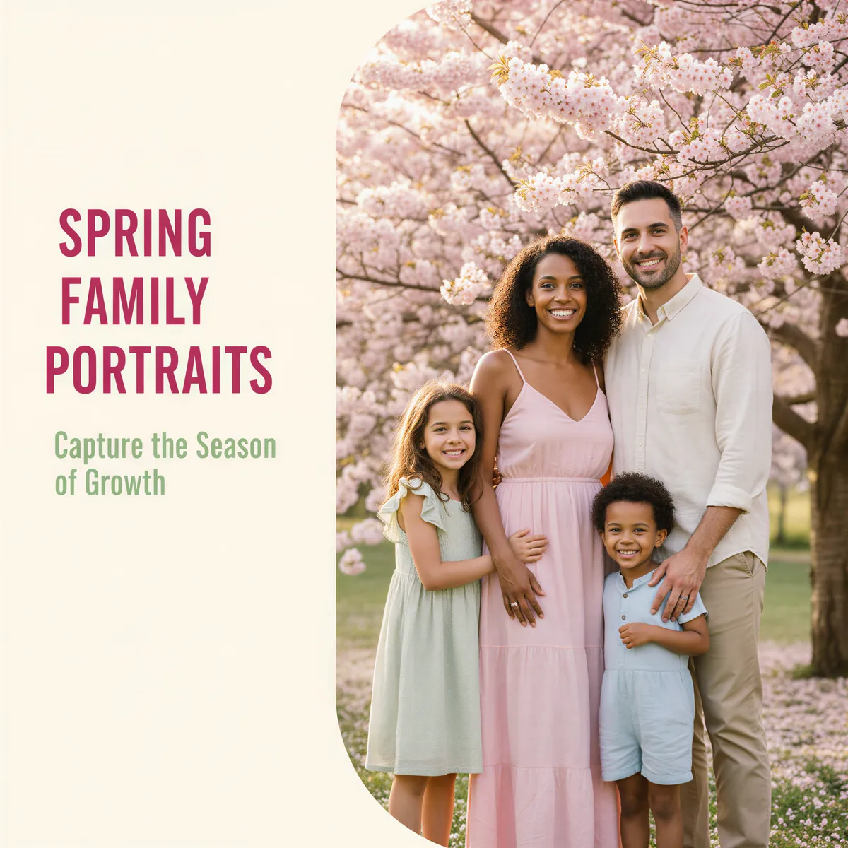 Vibrant banner for Spring Family Portraits featuring a happy family surrounded by soft pink cherry blossoms, title overlay.