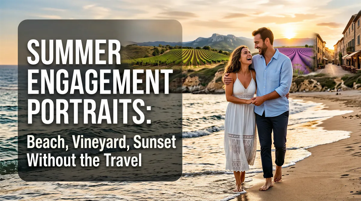 Summer engagement portraits generated AI—beach, vineyard, sunset without the Travel