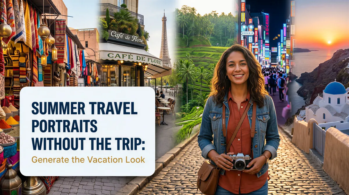 Realistic banner promoting AI-generated travel portraits without actual travel