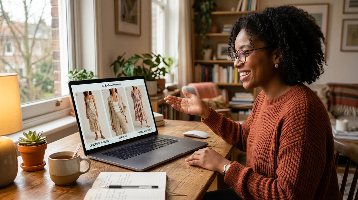 Person viewing AI-generated wedding outfit portraits on a laptop