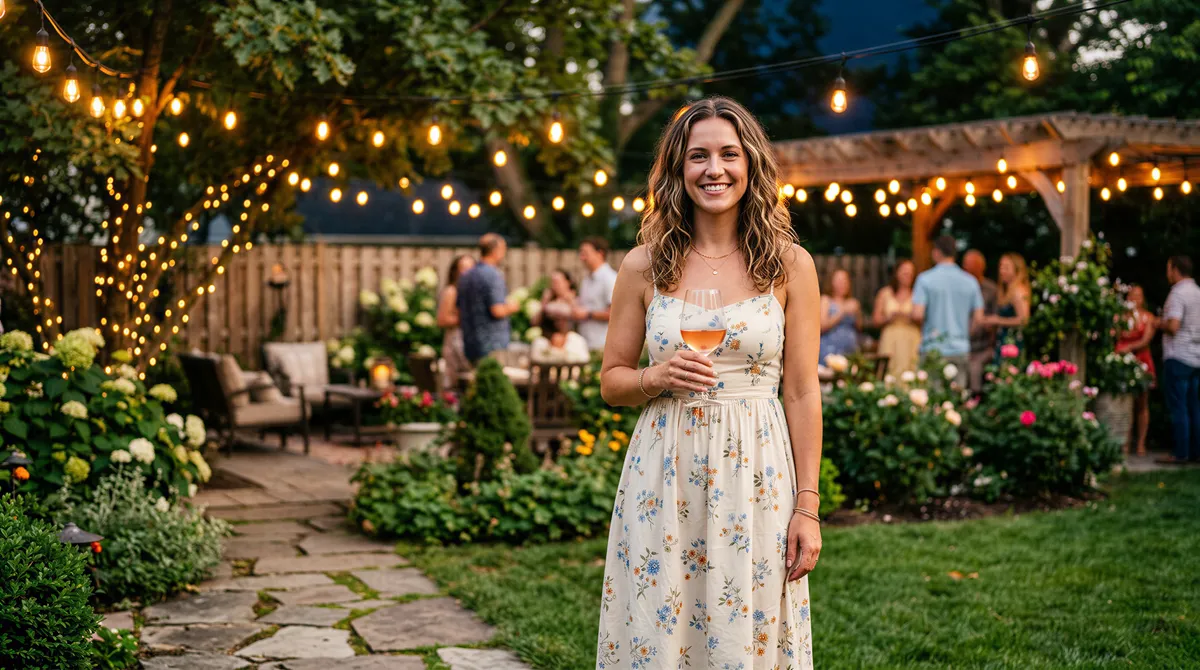 Casual guest portrait for a backyard wedding setting
