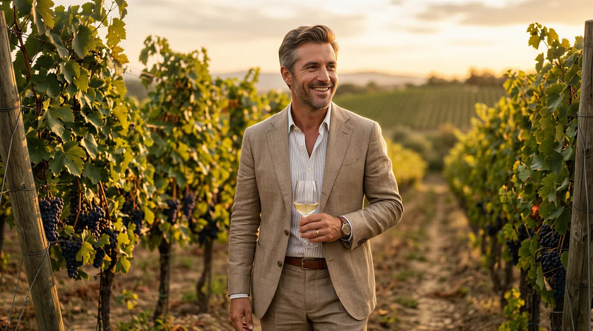 Linen suit portrait at vineyard setting for a black-tie-optional look