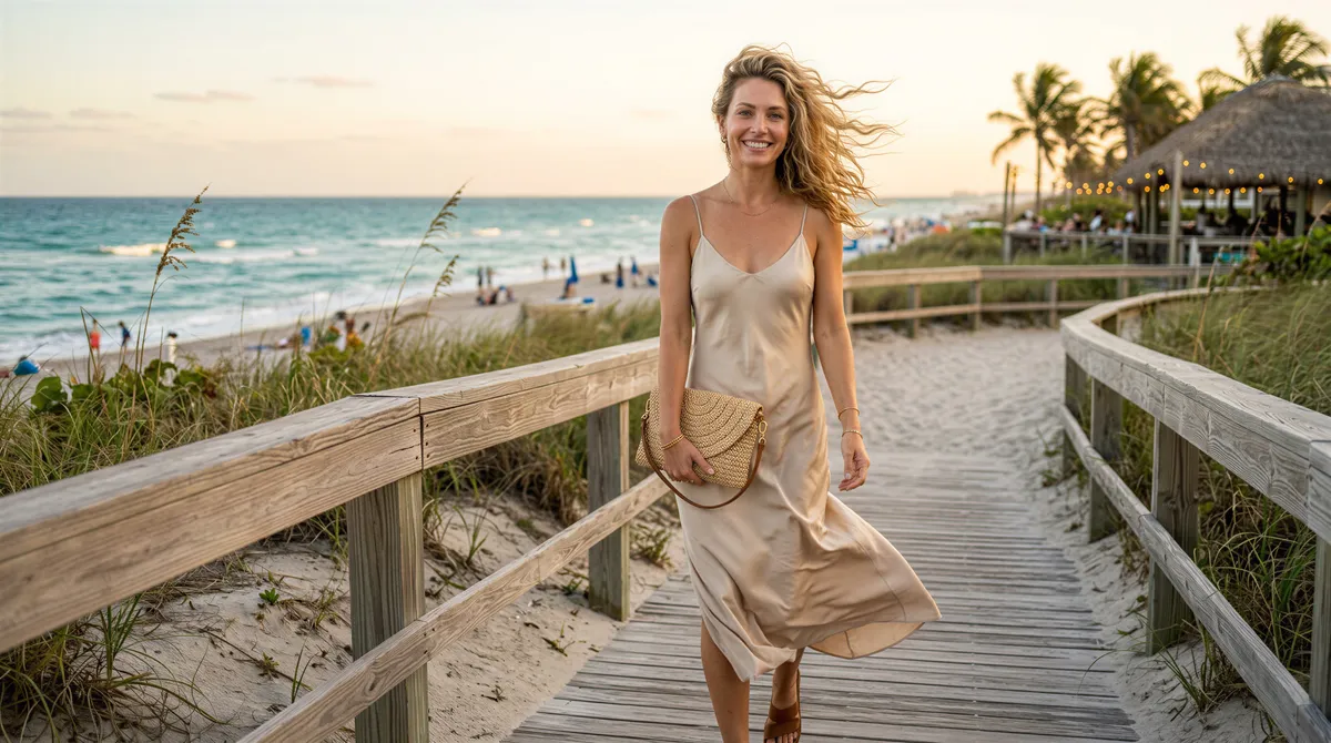 Coastal chic slip dress portrait at a beach wedding setting