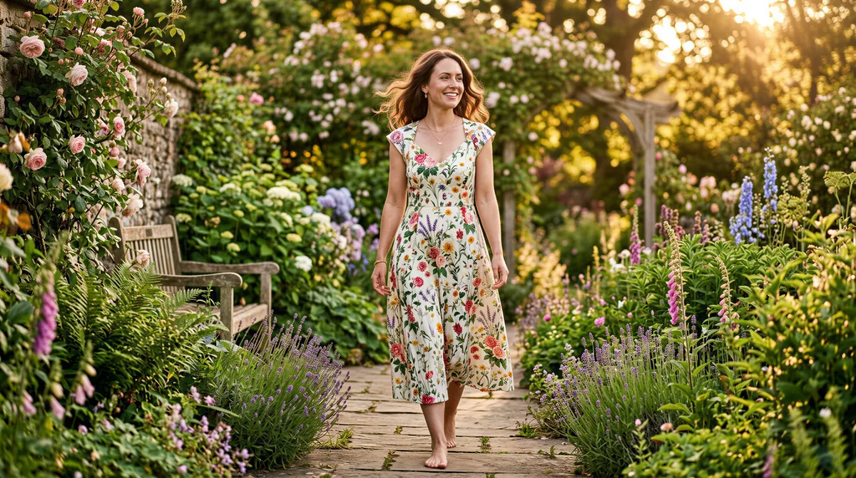 Garden wedding portrait in garden lighting featuring a floral midi dress