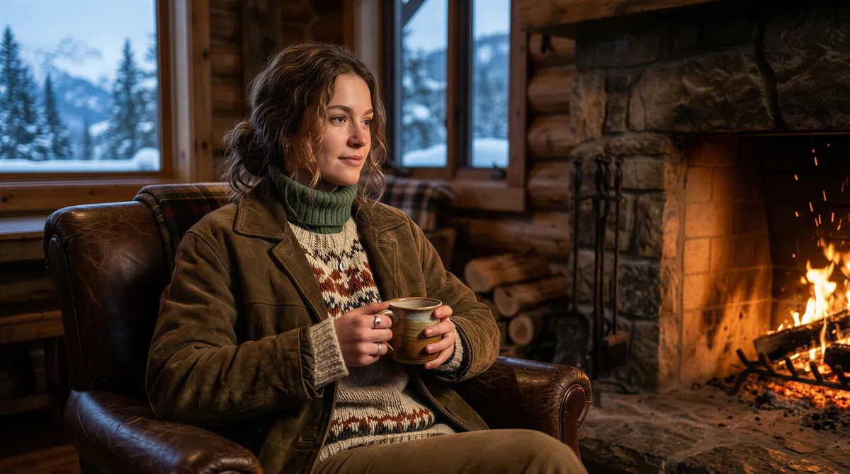 Cozy mountain lodge look with knits and suede in portrait style