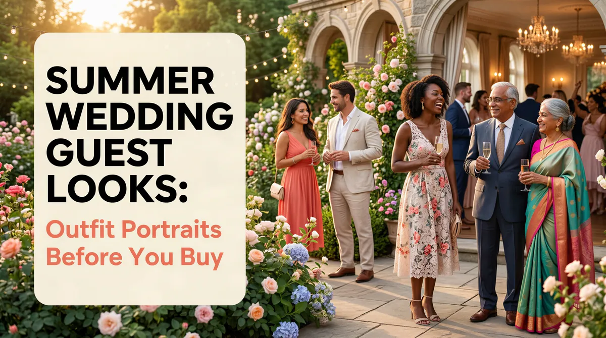 Realistic banner promoting AI-driven outfit portraits for summer wedding guests