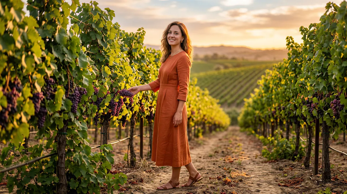 Vineyard midi dress portrait in golden-hour light