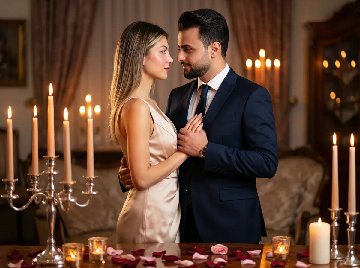 Romantic couple portrait bathed in soft candlelight, surrounded by scattered rose petals, embodying a classic Valentine's Day aesthetic.
