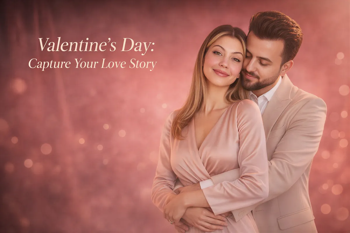 Hyper-realistic banner image of a sophisticated couple embracing warmly, soft red/pink lighting, text overlay: 'Valentine's Day: Capture Your Love Story'.