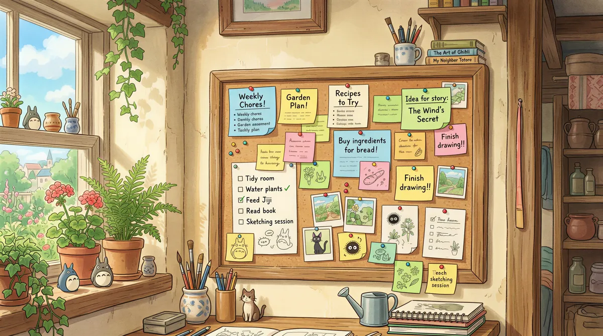 A sticky note on a corkboard with a workflow checklist in a sunlit room