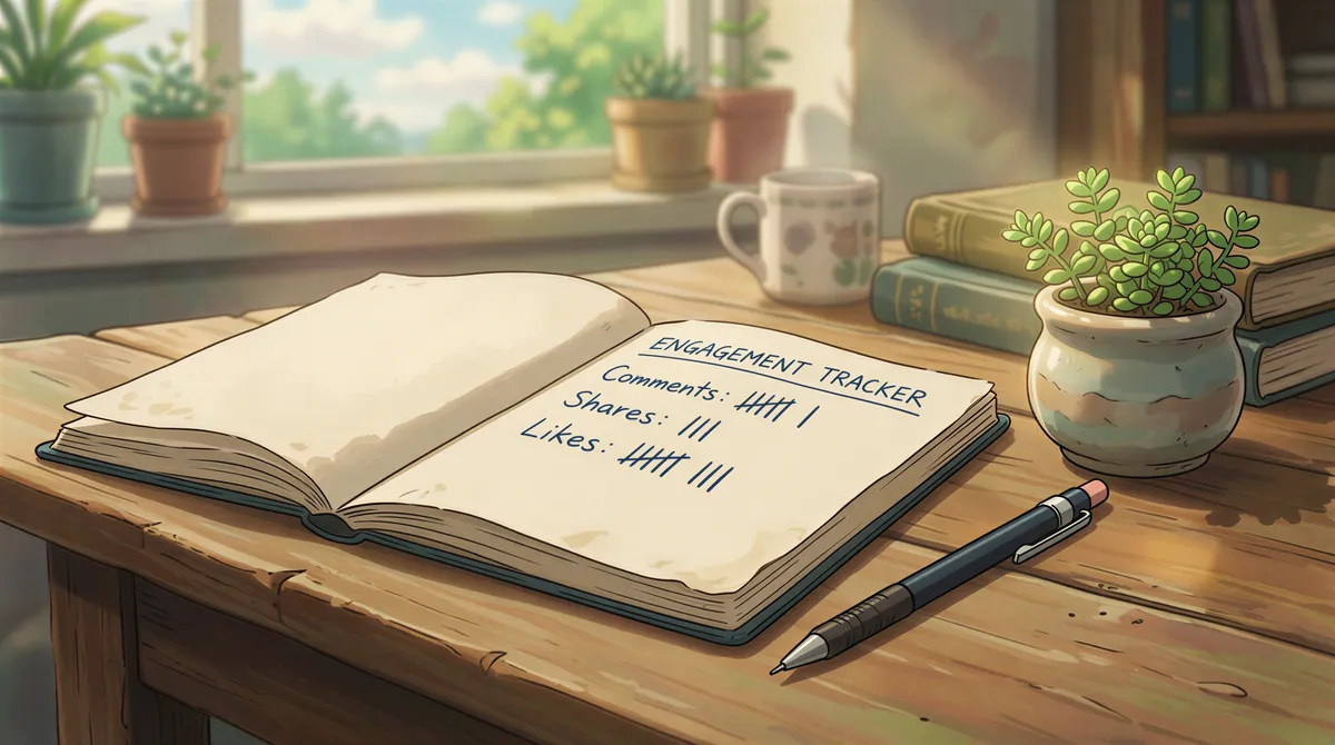 Potted plants on a desk next to a notebook showing engagement metrics