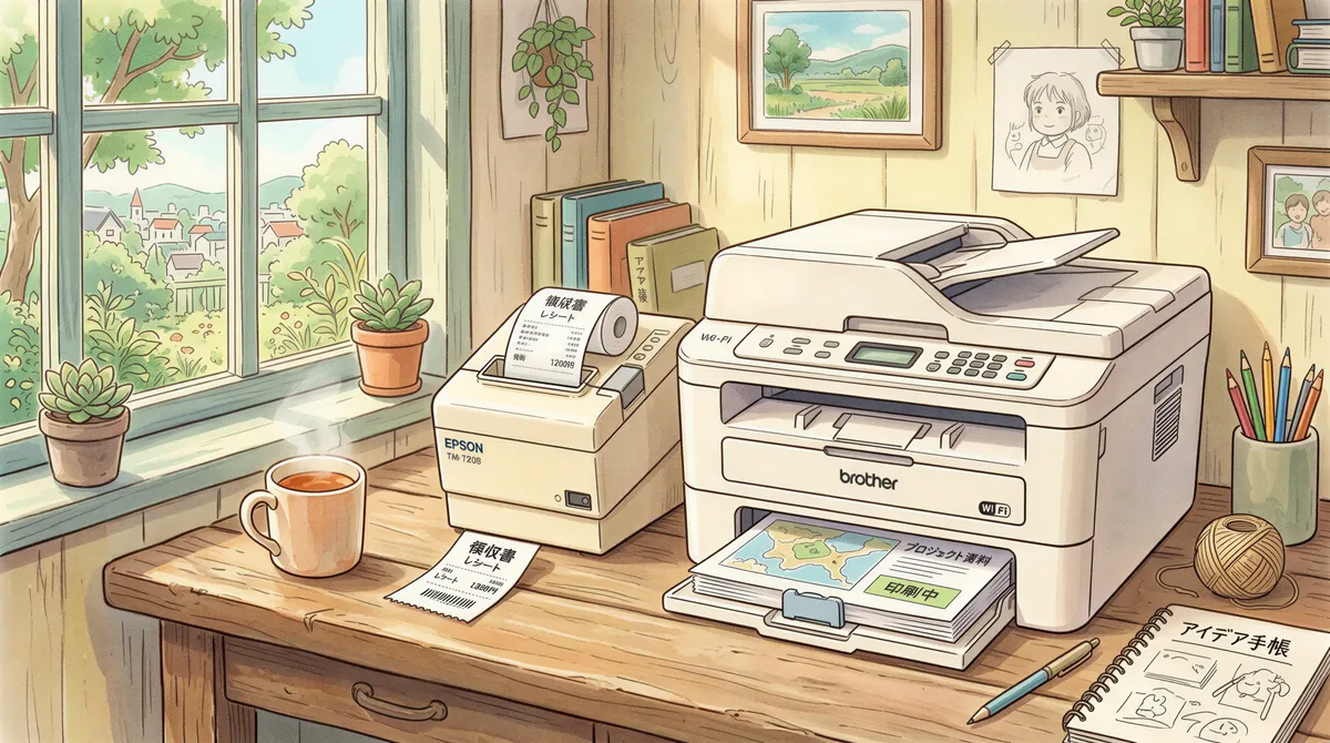 Illustration of a thermal receipt printer and a standard Wi-Fi office printer