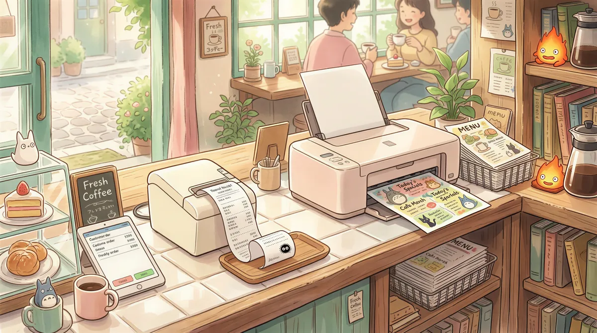 A thermal ticket printer and an office printer, each paired with its own print station in a cafe