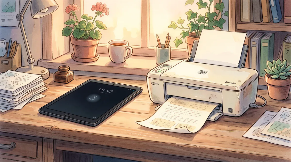 An old Android tablet resting on a shop counter with screen off while printing