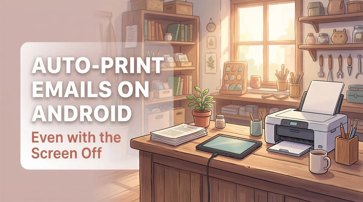 An old Android tablet acting as a print station in a cozy small business setting