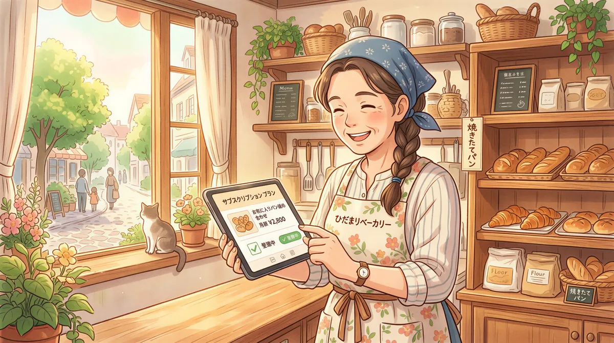 Small business owner smiling while checking subscription on a tablet